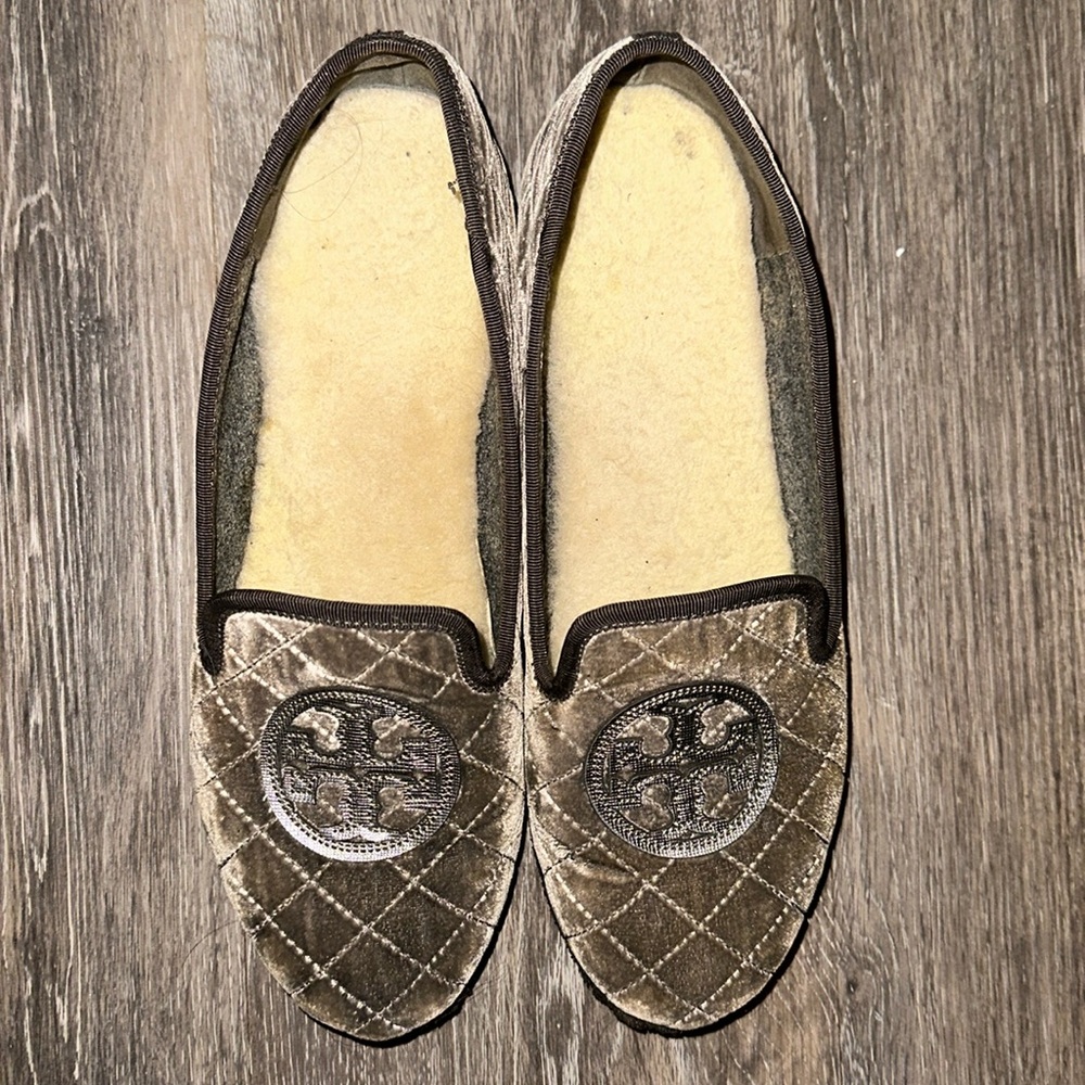 Tory Burch silver driving slippers